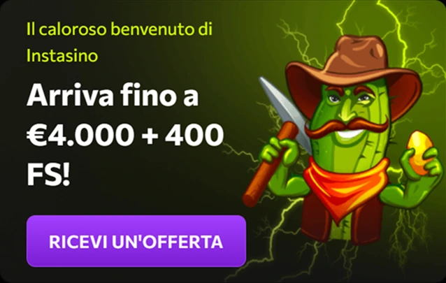 Banner Instasino: pacchetto benvenuto €4.000 + 400 FS con sfondo fulmini verdi