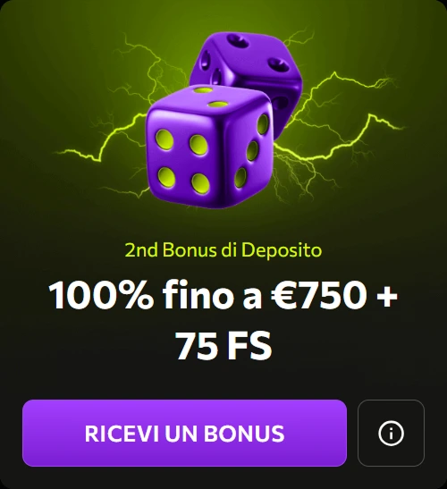 100% bonus fino a €750 + 75 giri gratis sul secondo deposito