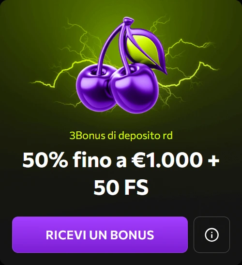 50% bonus deposito fino a €1.000 + 50 giri gratis con ciliegie verdi