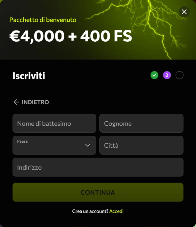 Secondo passo registrazione Instasino Casino: nome, cognome, paese, città e indirizzo completo