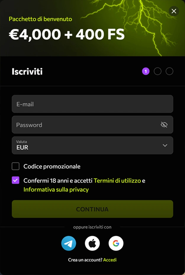 Form di registrazione iniziale Instasino: inserisci email, password, valuta EUR e conferma di avere almeno 18 anni