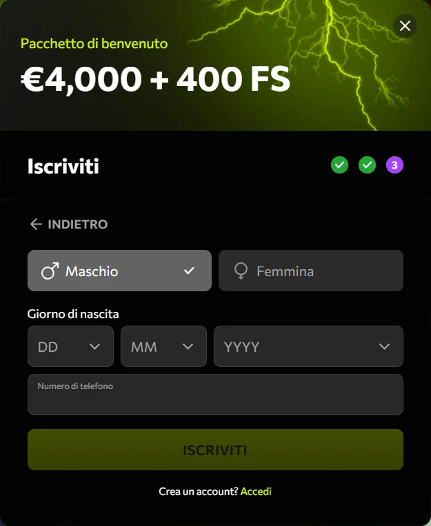 Ultimo step iscrizione Instasino: seleziona genere, inserisci data di nascita e numero di telefono