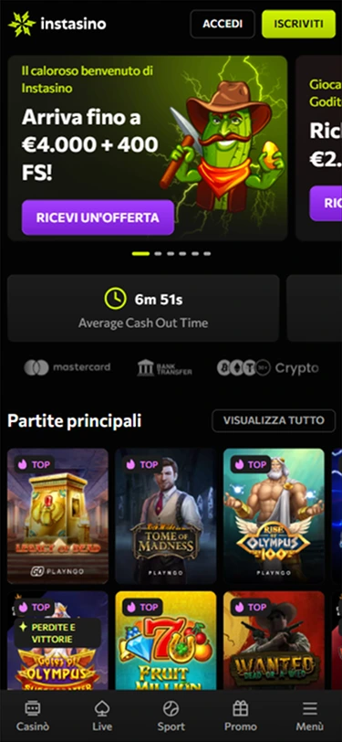 Homepage Instasino Casino su smartphone con promo €4.000 + 400 giri gratis