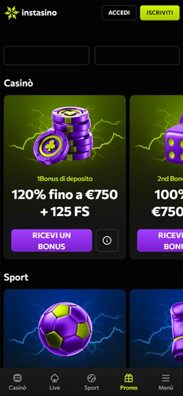 Interfaccia mobile Instasino Casino con griglia slot e bonus di benvenuto