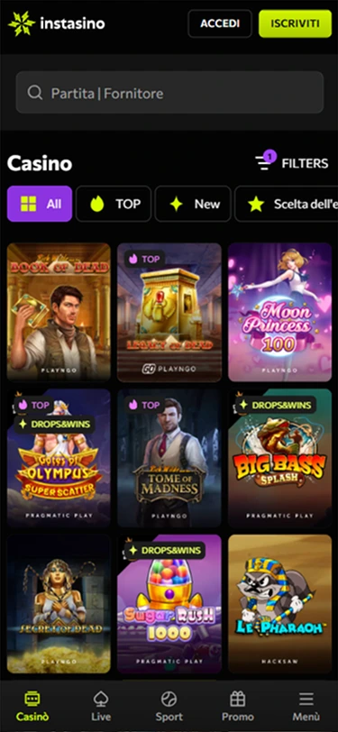 Schermata mobile Instasino con catalogo giochi e filtri di ricerca